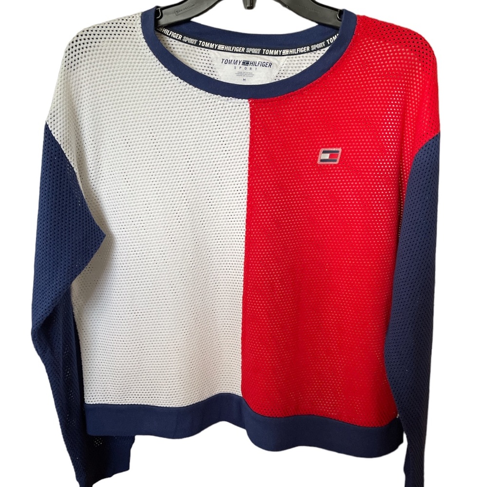 Tommy Hilfiger Mesh Logo Color Block Cropped Shirt Blue Red Medium NWOT
